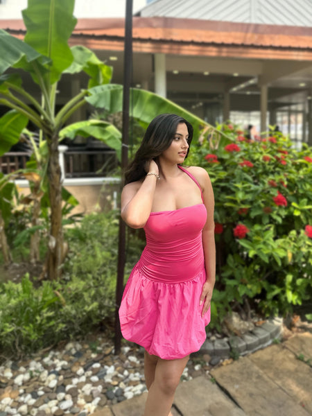 Samantha Halterneck Balloon Dress - front shot on model, pink - Miss Mosa By Akanksha