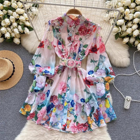 Samuel Floral Vintage Dress In Multicolour - front flat-lay product shot on hanger - Miss Mosa By Akanksha