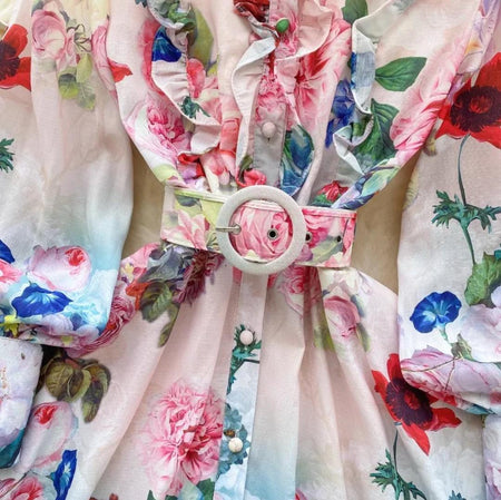 Samuel Floral Vintage Dress In Multicolour - close-up of belt and buckle detail - Miss Mosa By Akanksha