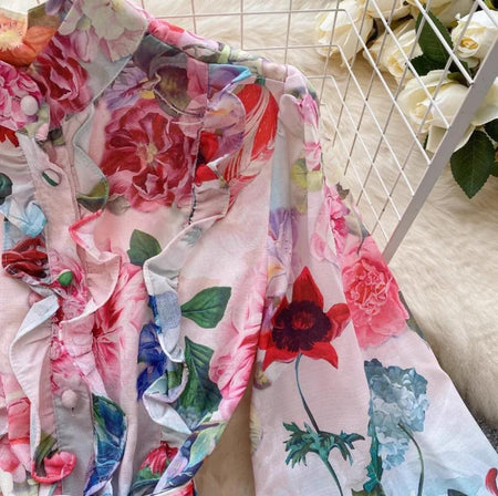 Samuel Floral Vintage Dress In Multicolour - close-up of bodice and ruffle detail - Miss Mosa By Akanksha