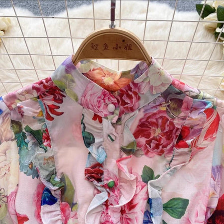 Samuel Floral Vintage Dress In Multicolour - close-up of collar and ruffle detail on hanger - Miss Mosa By Akanksha
