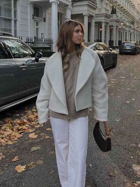 Samuel Warm Wool Premium Luxe Short Coat In Beige - lifestyle shot on model, beige - Miss Mosa By Akanksha