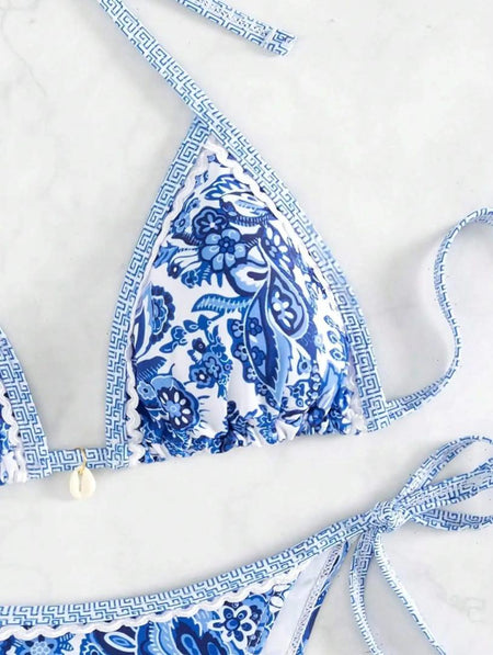 Sana Floral Bikini - close-up flat-lay of bikini top print, blue and white - Miss Mosa By Akanksha