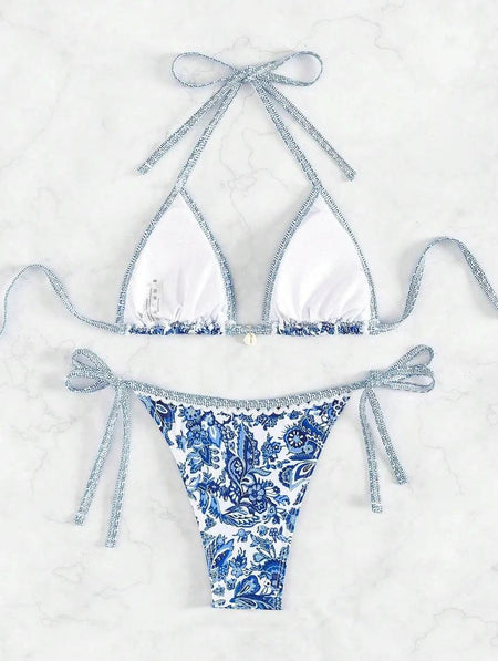 Sana Floral Bikini - flat-lay product shot showing front and back, blue and white - Miss Mosa By Akanksha