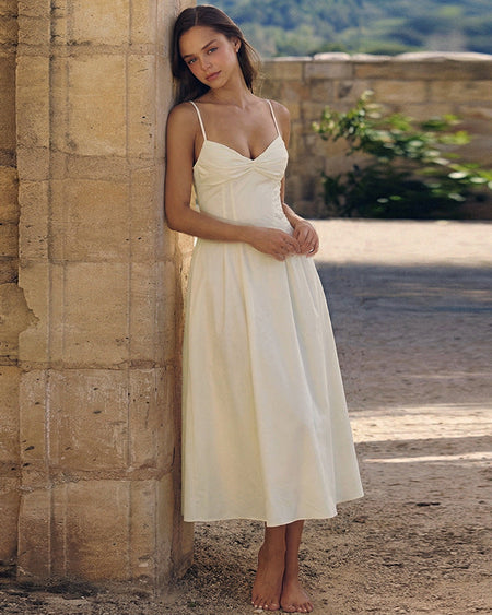 Sandria Summer Midi Dress - full-length front shot, cream - Miss Mosa By Akanksha