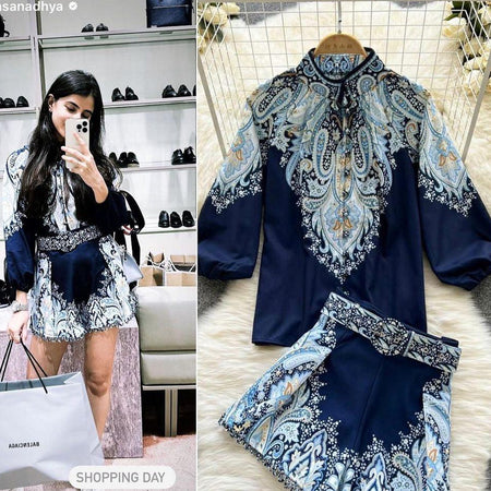 Sandy Coord Set In Navy Blue - lifestyle shot on model, navy blue - Miss Mosa By Akanksha