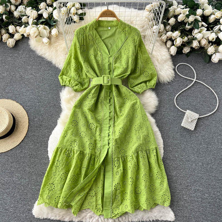 Sansa Eyelet Cotton Dress In Green - front flat-lay product shot with belt - Miss Mosa By Akanksha