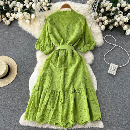 Sansa Eyelet Cotton Dress In Green - back flat-lay product shot with belt - Miss Mosa By Akanksha
