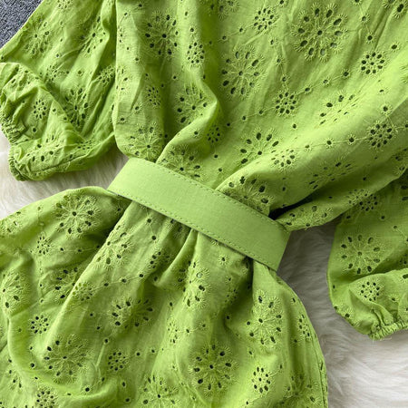 Sansa Eyelet Cotton Dress In Green - close-up of waist belt detail - Miss Mosa By Akanksha