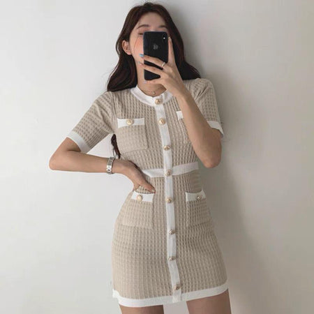Sanya bodycon Knitted Mini Dress In Beige - lifestyle shot on model, beige - Miss Mosa By Akanksha