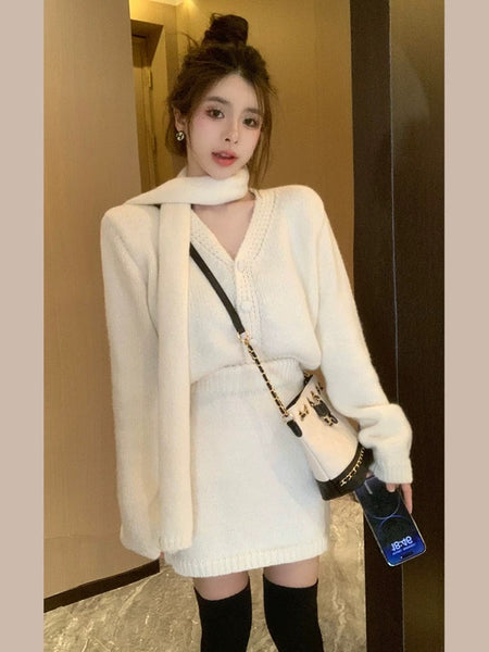 Sara Luxe Winter Coord Set with Scarf - front shot on model in mirror, white - Miss Mosa By Akanksha