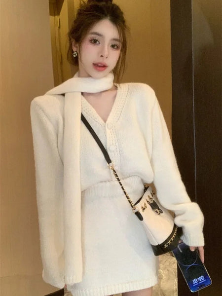 Sara Luxe Winter Coord Set with Scarf - front shot on model in mirror, white - Miss Mosa By Akanksha