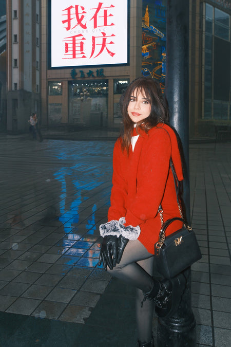 Sara Luxe Winter Coord Set with Scarf - side shot on model outdoors at night, red - Miss Mosa By Akanksha