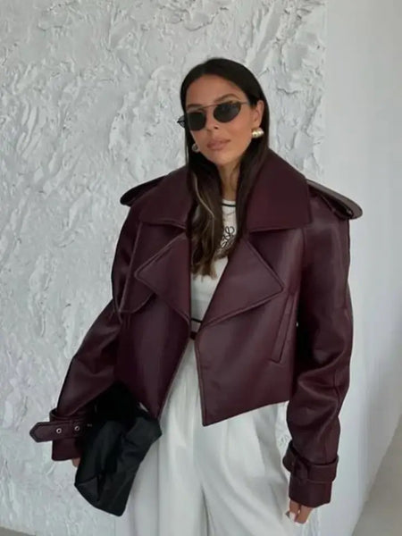 Sara Premium Leather Jacket in Burgundy - front shot on model - Miss Mosa By Akanksha