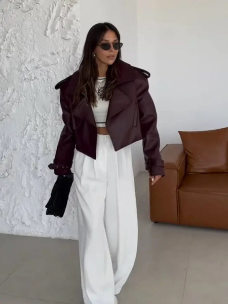 Sara Premium Leather Jacket in Burgundy - full-length front shot on model - Miss Mosa By Akanksha