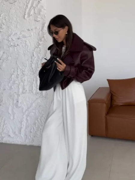Sara Premium Leather Jacket in Burgundy - side shot on model - Miss Mosa By Akanksha