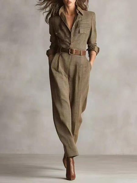 Sarah Jumpsuit With Belt - full-length shot, brown check - Miss Mosa By Akanksha