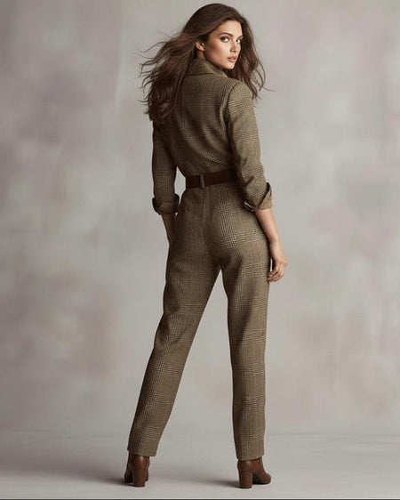 Sarah Jumpsuit With Belt - back shot, brown check - Miss Mosa By Akanksha