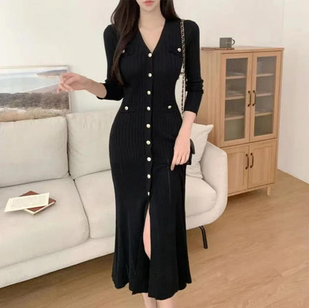Sarah Luxe Soft Knit Dress In Black - front shot on model standing - Miss Mosa By Akanksha