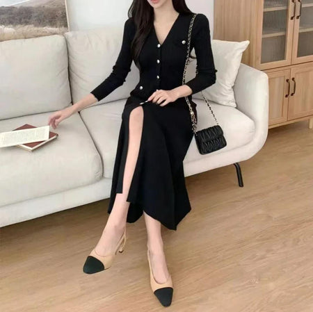 Sarah Luxe Soft Knit Dress In Black - front shot on model seated - Miss Mosa By Akanksha