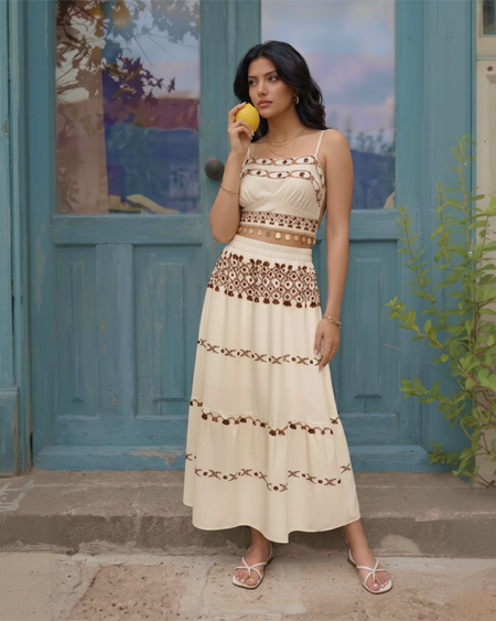 Sarah Printed Coord Skirt Set - front shot, cream with brown print - Miss Mosa By Akanksha