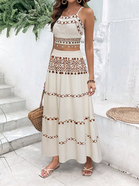 Sarah Printed Coord Skirt Set - full-length shot, cream with brown print - Miss Mosa By Akanksha
