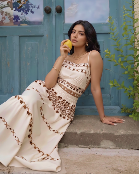 Sarah Printed Coord Skirt Set - seated shot, cream with brown print - Miss Mosa By Akanksha