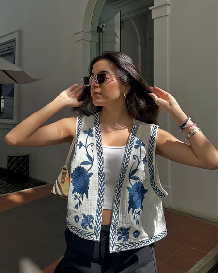 Sarai Statement Vest Top - front shot on model, off-white and blue - Miss Mosa By Akanksha