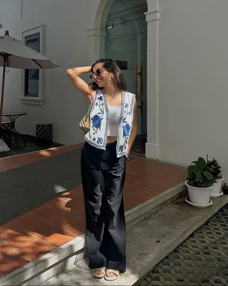 Sarai Statement Vest Top - front shot on model, off-white and blue - Miss Mosa By Akanksha