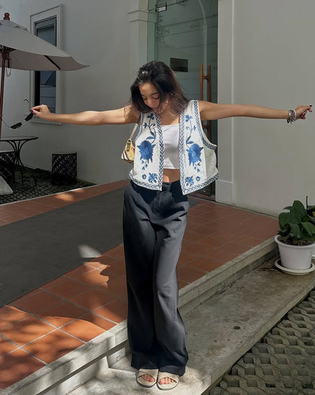 Sarai Statement Vest Top - front shot on model, off-white and blue - Miss Mosa By Akanksha