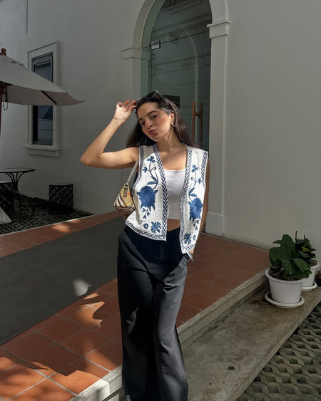 Sarai Statement Vest Top - front shot on model, off-white and blue - Miss Mosa By Akanksha