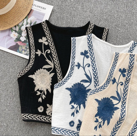 Sarai Statement Vest Top - flat-lay product shot of three vests, black, white and beige - Miss Mosa By Akanksha