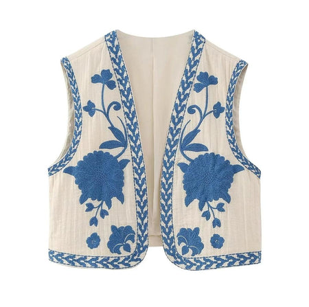 Sarai Statement Vest Top - flat-lay product shot of three vests, blue and beige - Miss Mosa By Akanksha