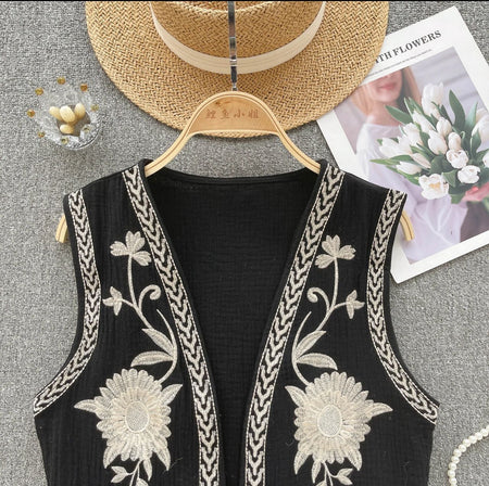 Sarai Statement Vest Top - flat-lay product shot on hanger, black and cream - Miss Mosa By Akanksha
