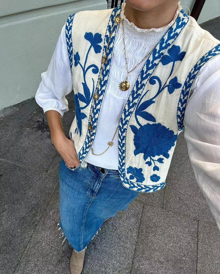 Sarai Statement Vest Top - front shot on model, off-white and blue - Miss Mosa By Akanksha