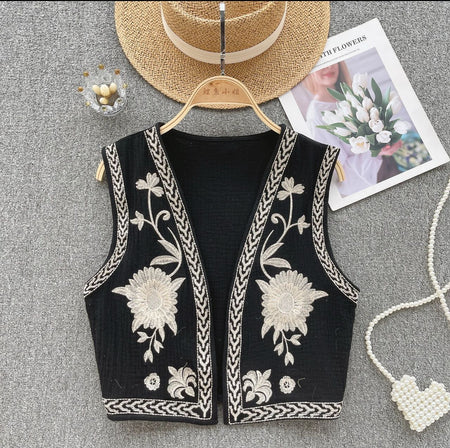 Sarai Statement Vest Top - flat-lay product shot on hanger, black and cream - Miss Mosa By Akanksha