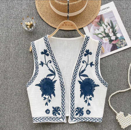 Sarai Statement Vest Top - flat-lay product shot on hanger, white and blue - Miss Mosa By Akanksha