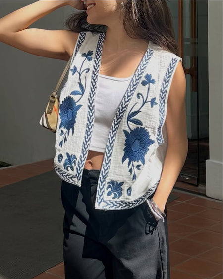 Sarai Statement Vest Top - front shot on model, off-white and blue - Miss Mosa By Akanksha