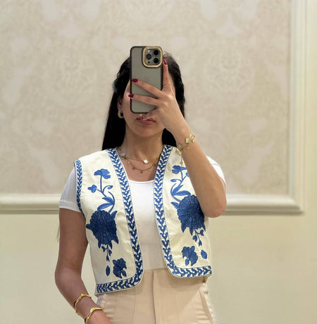 Sarai Statement Vest Top - front shot on model, off-white and blue - Miss Mosa By Akanksha