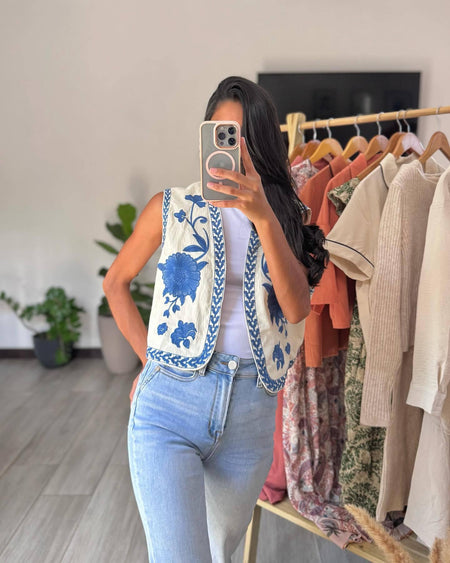 Sarai Statement Vest Top - front shot on model, off-white and blue - Miss Mosa By Akanksha