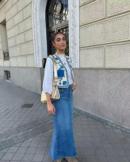 Sarai Statement Vest Top - front shot on model, off-white and blue - Miss Mosa By Akanksha