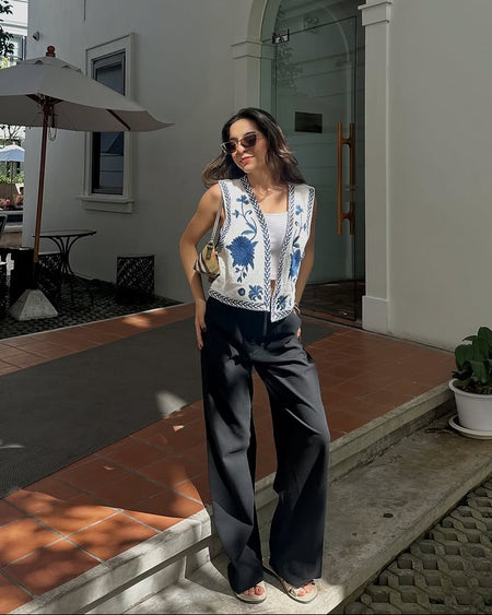Sarai Statement Vest Top - front shot on model, off-white and blue - Miss Mosa By Akanksha