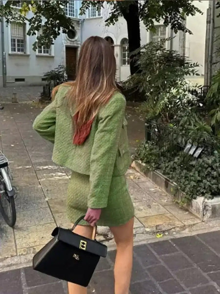 Sare Luxe Tweed 2 Pc Set - Set of Jacket and Skirt In Olive - back lifestyle shot on model, green - Miss Mosa By Akanksha