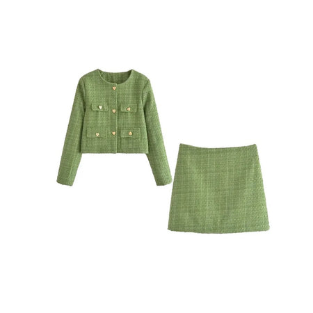 Sare Luxe Tweed 2 Pc Set - Set of Jacket and Skirt In Olive - flat-lay product shot, green - Miss Mosa By Akanksha