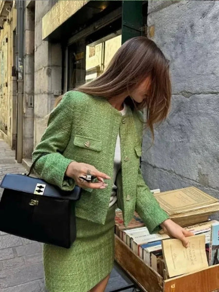 Sare Luxe Tweed 2 Pc Set - Set of Jacket and Skirt In Olive - lifestyle shot on model, green - Miss Mosa By Akanksha