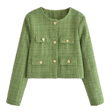 Sare Luxe Tweed 2 Pc Set - Set of Jacket and Skirt In Olive - flat-lay product shot, green - Miss Mosa By Akanksha