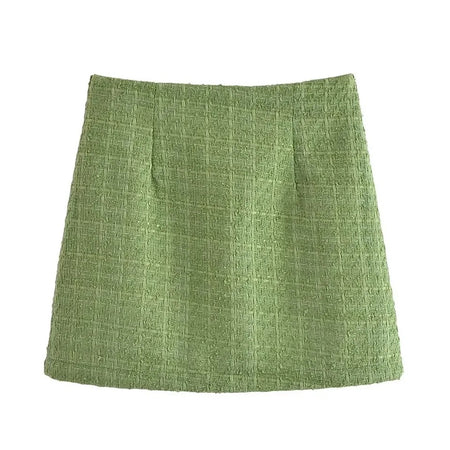 Sare Luxe Tweed 2 Pc Set - Set of Jacket and Skirt In Olive - flat-lay product shot, green - Miss Mosa By Akanksha