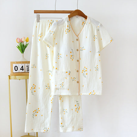Sarena Floral Cotton Padded Nightsuit In Off-White - hanging product shot of nightsuit set - Miss Mosa By Akanksha