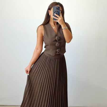 Sarine Luxe Vest Suit With Skirt In Brown - front mirror selfie shot on model - Miss Mosa By Akanksha