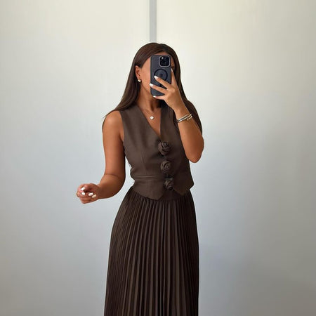 Sarine Luxe Vest Suit With Skirt In Brown - side mirror selfie shot on model - Miss Mosa By Akanksha